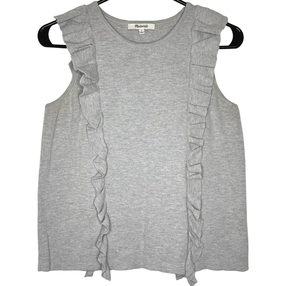 Madewell Ruffled Sweater Tank Small Grey Cotton Blend Knit Sleeveless Preppy